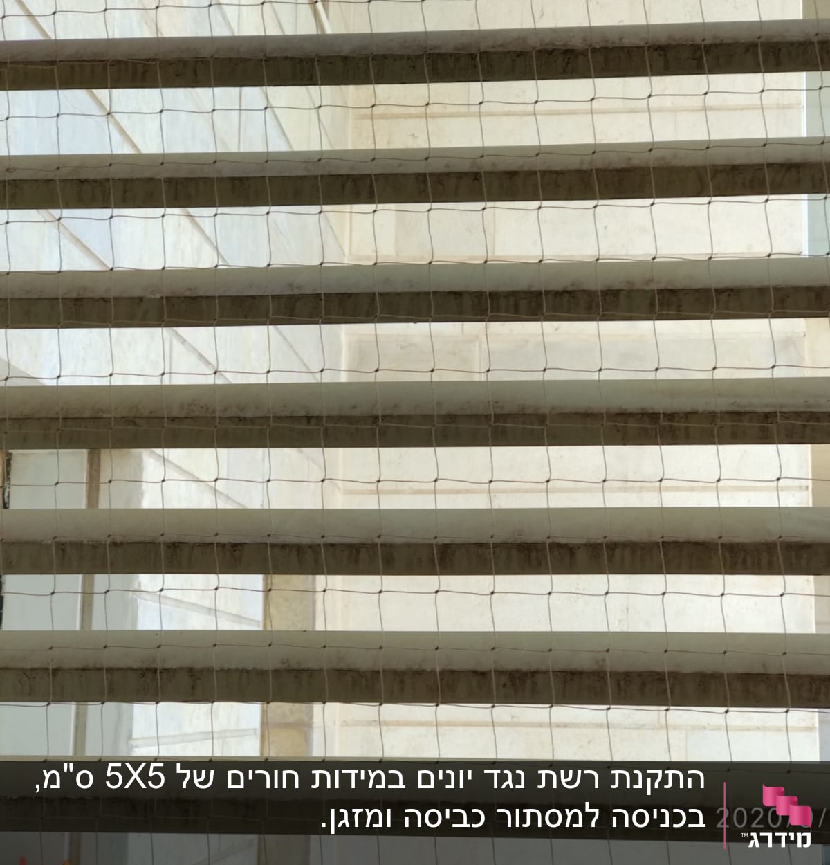 רשת הגנה מותקנת על חלון למניעת כניסת יונים
